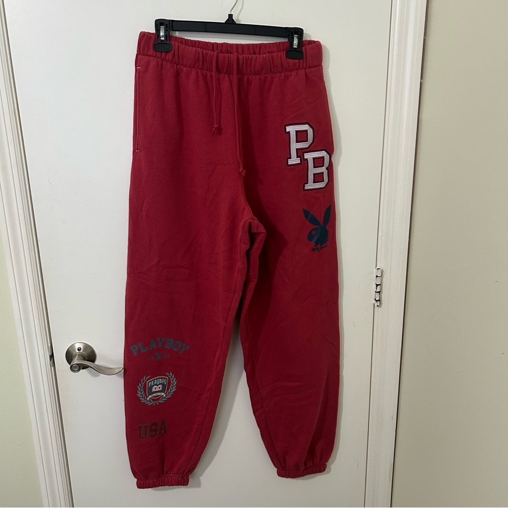Playboy x Pacsun Women’s Burgundy Red Logo Print Varsity Sweatpants Joggers